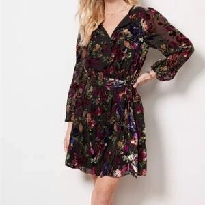 Evereve Ashlyn Velvet Floral Dress Womens Medium Black Puff Sleeve Dainty M